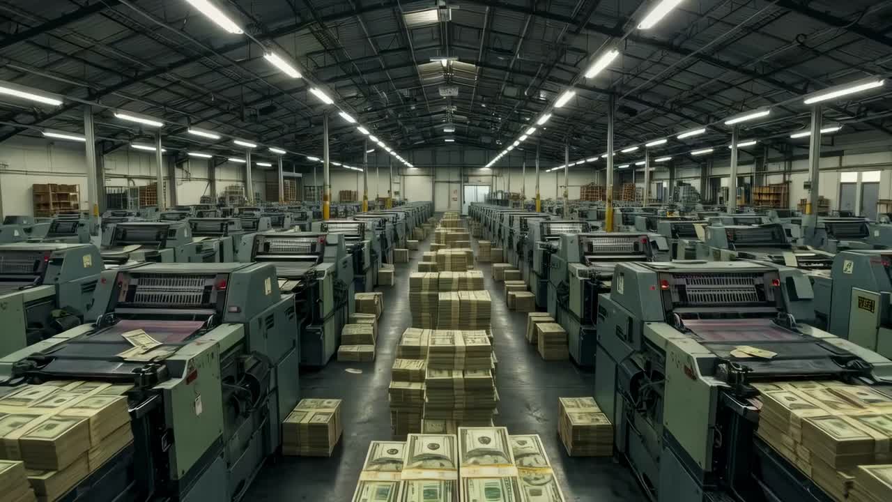 Money printing operation in large industrial facility showcasing stacks of cash and machinery in action