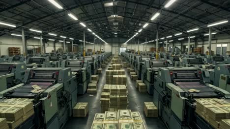money printing operation in large industrial facility showcasing stacks of cash and machinery in action