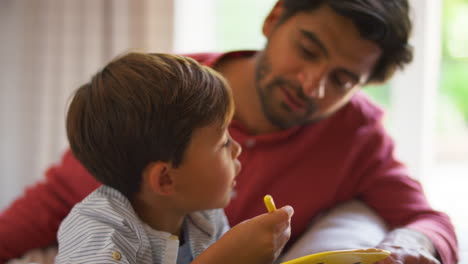 Padre-E-Hijo-En-Casa-En-El-Sofá-Del-Salón-Jugando-Juntos-Con-Un-Juego-De-Dibujo