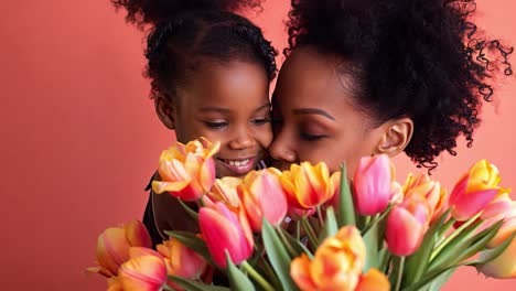 mother and daughter embracing with a bouquet of tulips