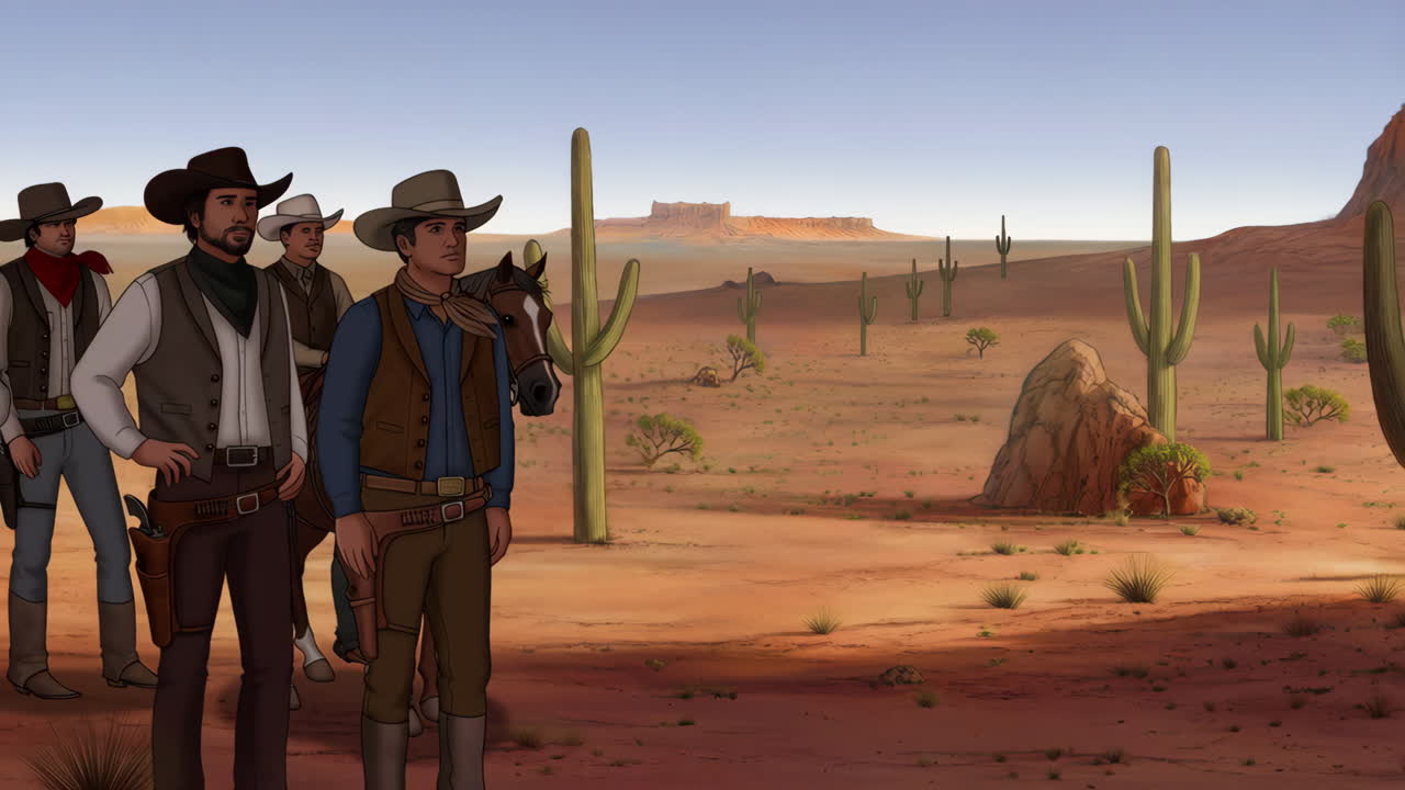 Cowboys in a desert landscape with cacti and mesas