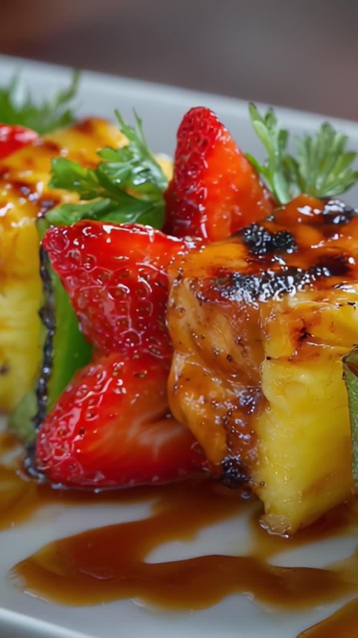 Mistura Colorida de Frutas Grelhadas com Morangos e Abacaxi Regada com Calda Doce - Uma Deliciosa Fusão de Sabores e Texturas