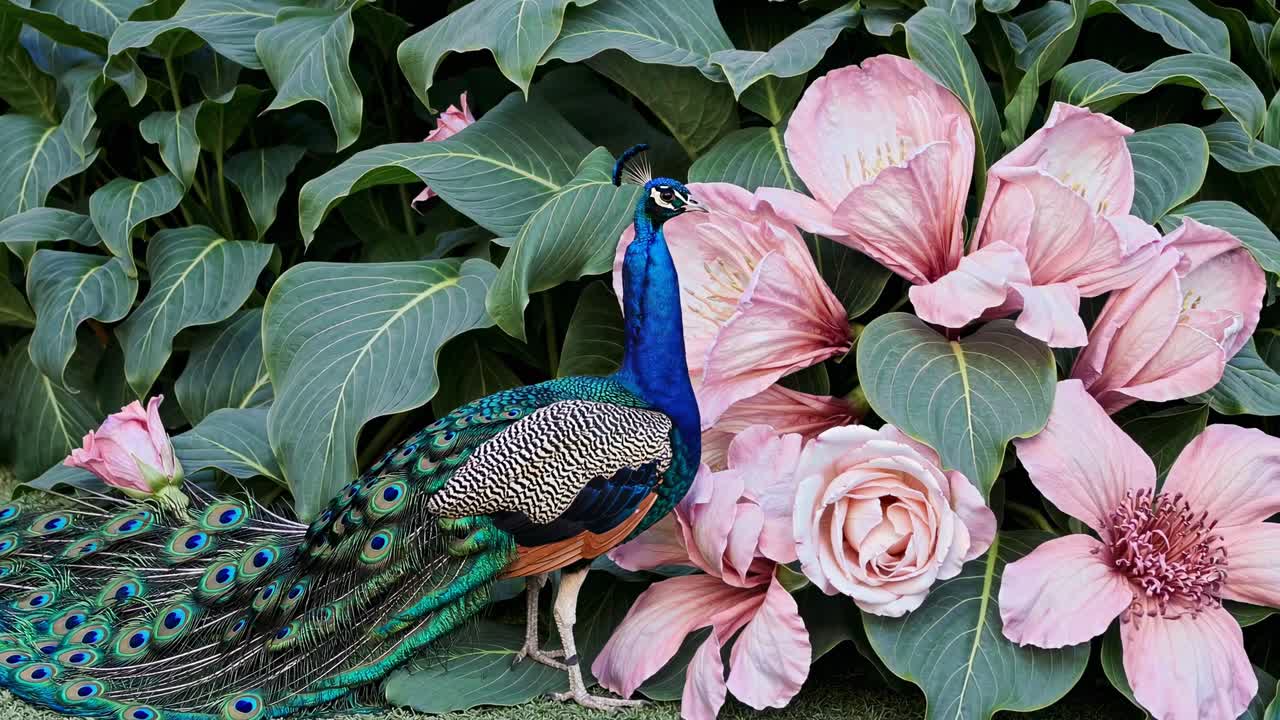 Um pavão vibrante está entre flores rosas superdimensionadas, capturado de um ângulo baixo.