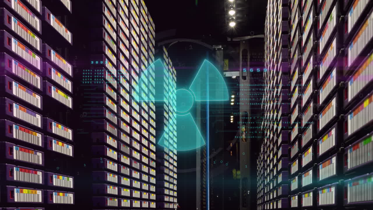 Animation of nuclear symbol over data processing and server room