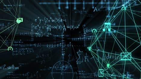 Animation-of-connected-icons-forming-globe-over-mathematical-equations,-diagrams-on-black-background