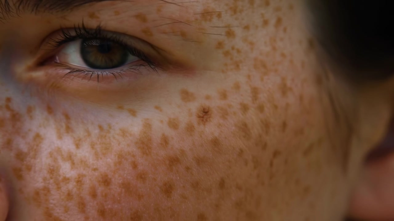 Una vista de cerca de piel con pecas y una expresión neutra, resaltando la belleza natural y la salud sobre un fondo beige con tonos marrones y rosados. Esta escena es de belleza, piel.