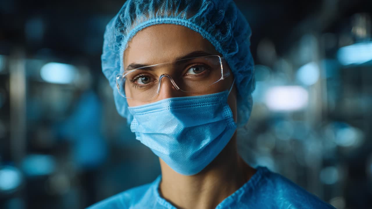 Focused Medical Professional Wearing Protective Gear, Gazing Confidently at the Camera, Highlighting the Importance of Safety in Healthcare Environments
