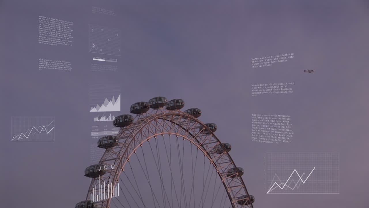 런던 시내 풍경 위의 데이터 처리 애니메이션