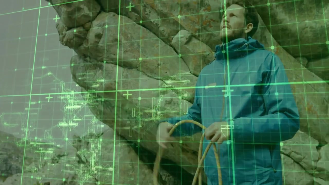 Con l'apparizione di una sovrapposizione a griglia verde, un uomo che regola la presa e avvolge la corda in sicurezza per l'alpinismo.