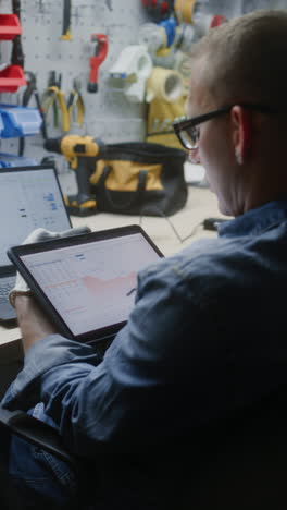employee checking real-time stocks and exchange market charts using digital tablet and laptop. man making investments during working hours in workshop, combining job with online trading. vertical shot