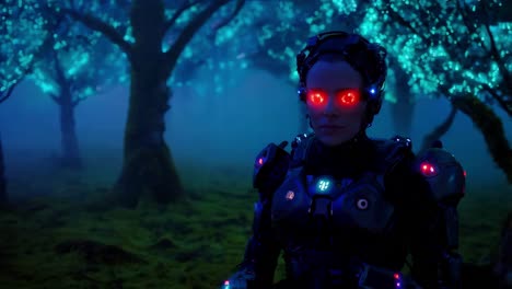 mujer cibernética en un bosque brillante