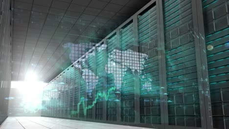 animation of network of connections with icons and data processing over server room
