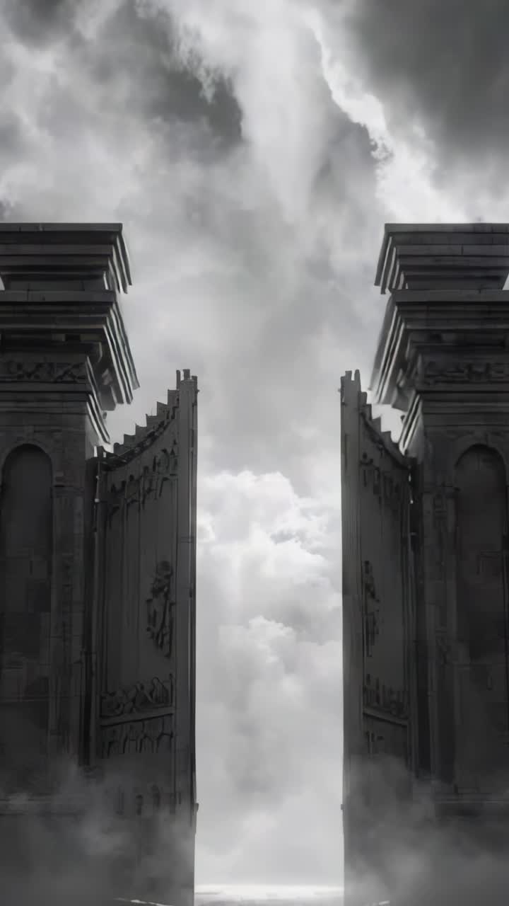 Vertical video: Sweeping red tint urging ornate gate swinging inward at misty entrance, sealing sky