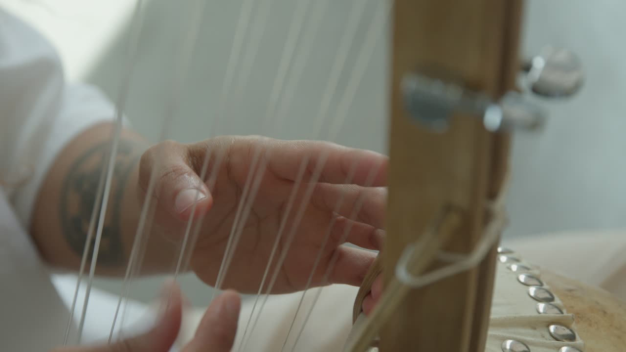 mujer africana tocando cuerdas de kora percusión arpa africana en un ambiente cálido de luz diurna, tiro de primer plano ultra
