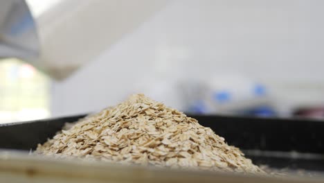 pastry chef scoops oats into baking tray to prepare cereal bars close up