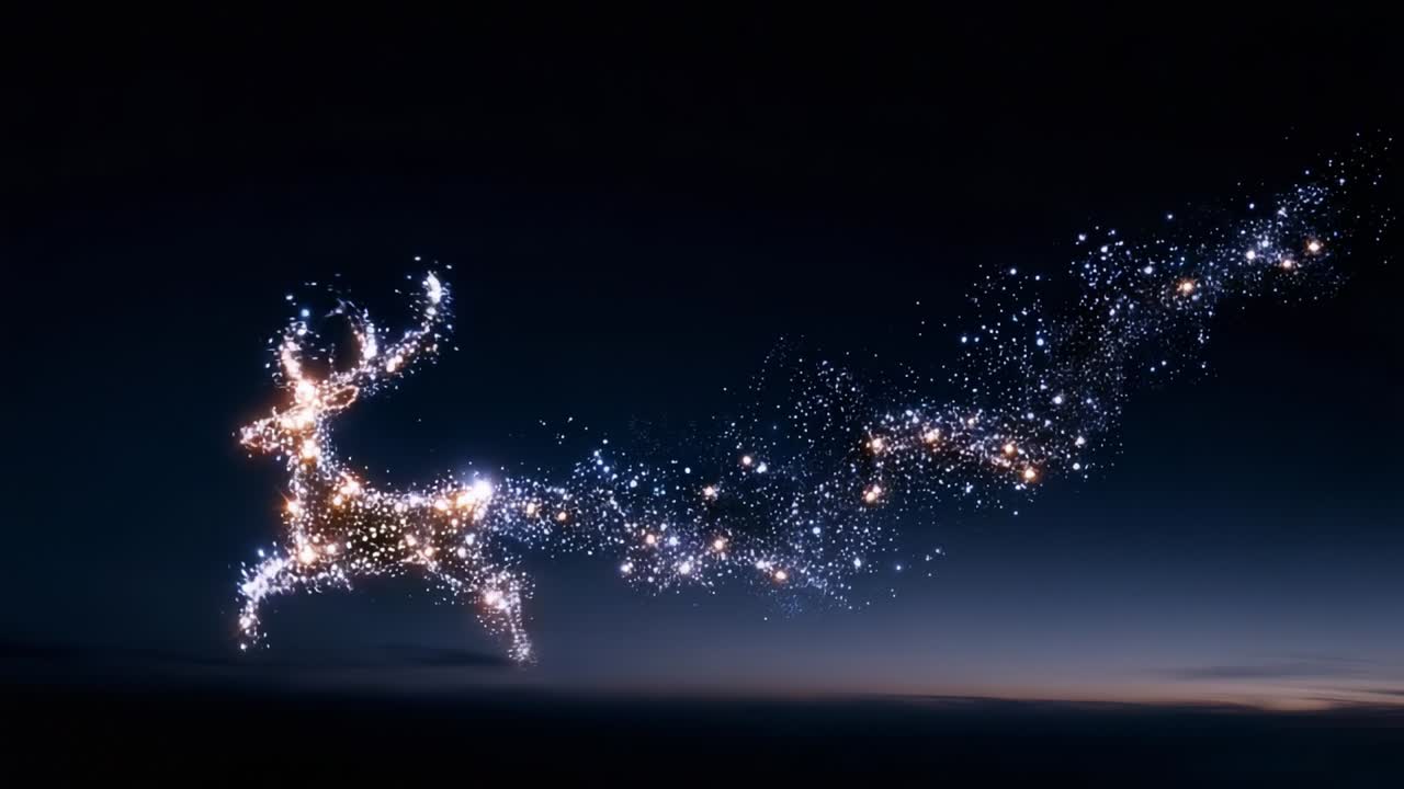 A mesmerizing cosmic representation of a reindeer in motion, showcasing a trail of shimmering stars and sparkles that illuminate the dark night sky, capturing the essence of magic and wonder in a fantastical scene