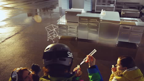 people in winter gear conducting an experiment with vials in an outdoor laboratory setting