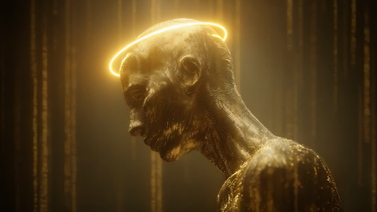A Golden-Hued Figurine with a Halo of Light Against a Digital Matrix, Symbolizing Enlightenment and Connection Between Technology and Humanity in a Surrealistic Display of Digital Art