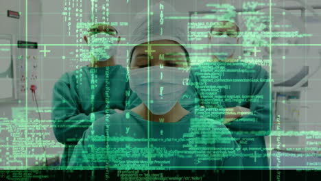 animation der datenverarbeitung über chirurgen in gesichtsmasken und gitter