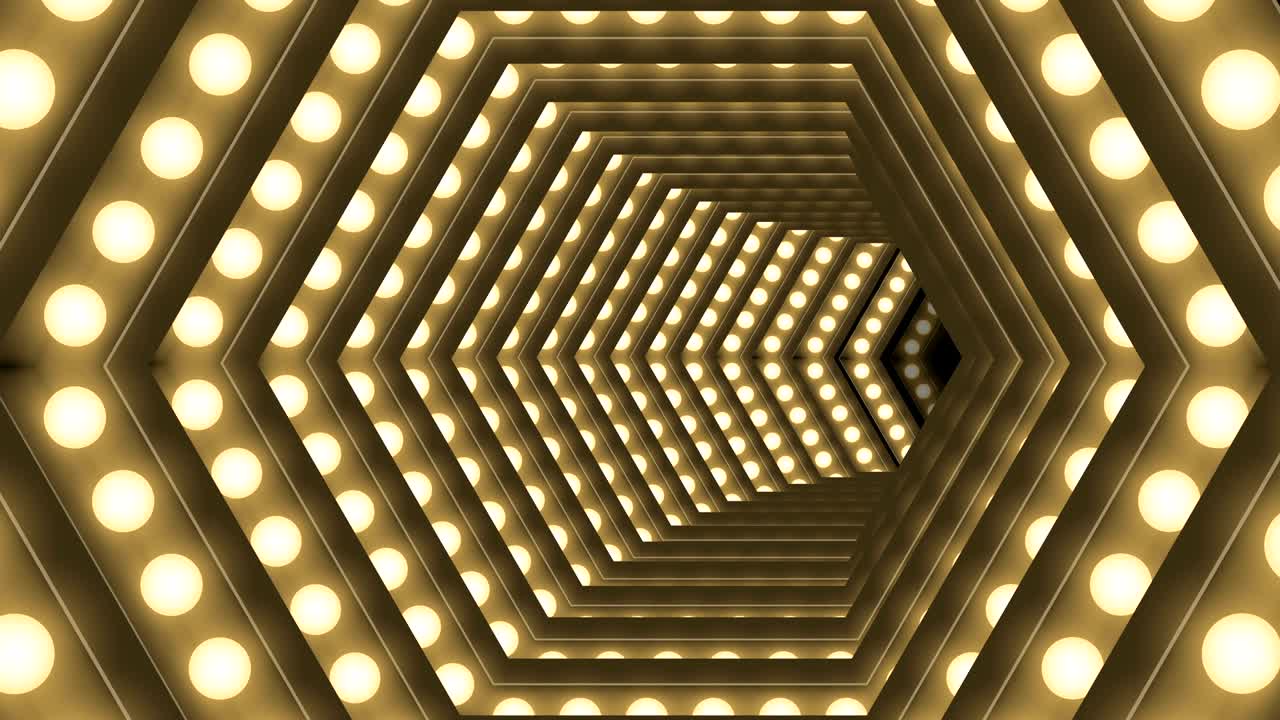 cuadro de caja de bombilla incandescente de túnel forma hexagonal patrón móvil, retro 3d estilo virtual ilustración brillo en fondo oscuro animación de bucle sin costuras 4k, con espacio de copia