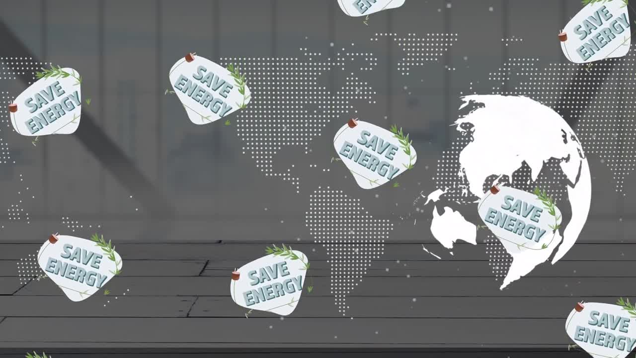 회색 배경 위에 지구와 에너지 절약 텍스트의 애니메이션