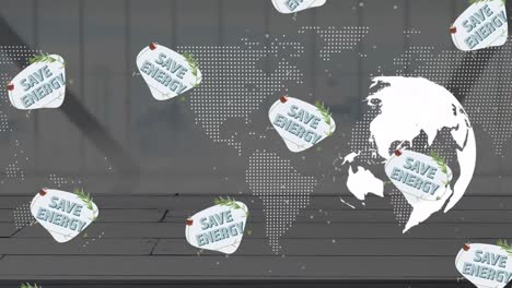 animation of globe and save energy text over grey background