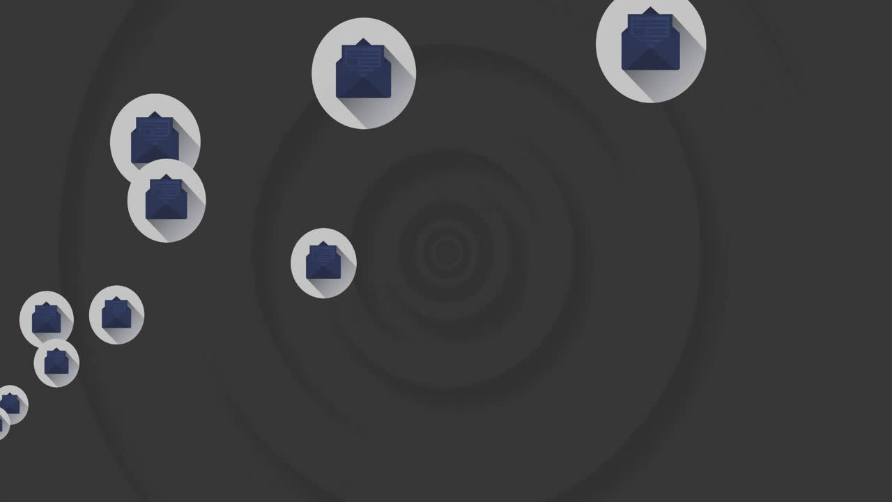 Animation of blue envelope icons spiraling over dark concentric circles background
