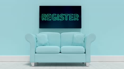 animation of word register flickering on a television screen hanging over a couch on blue background