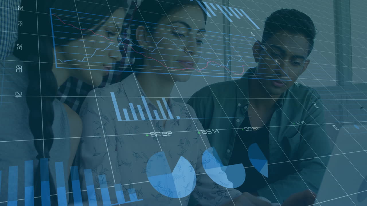 Animation of data processing and diagrams over diverse business people discussing work