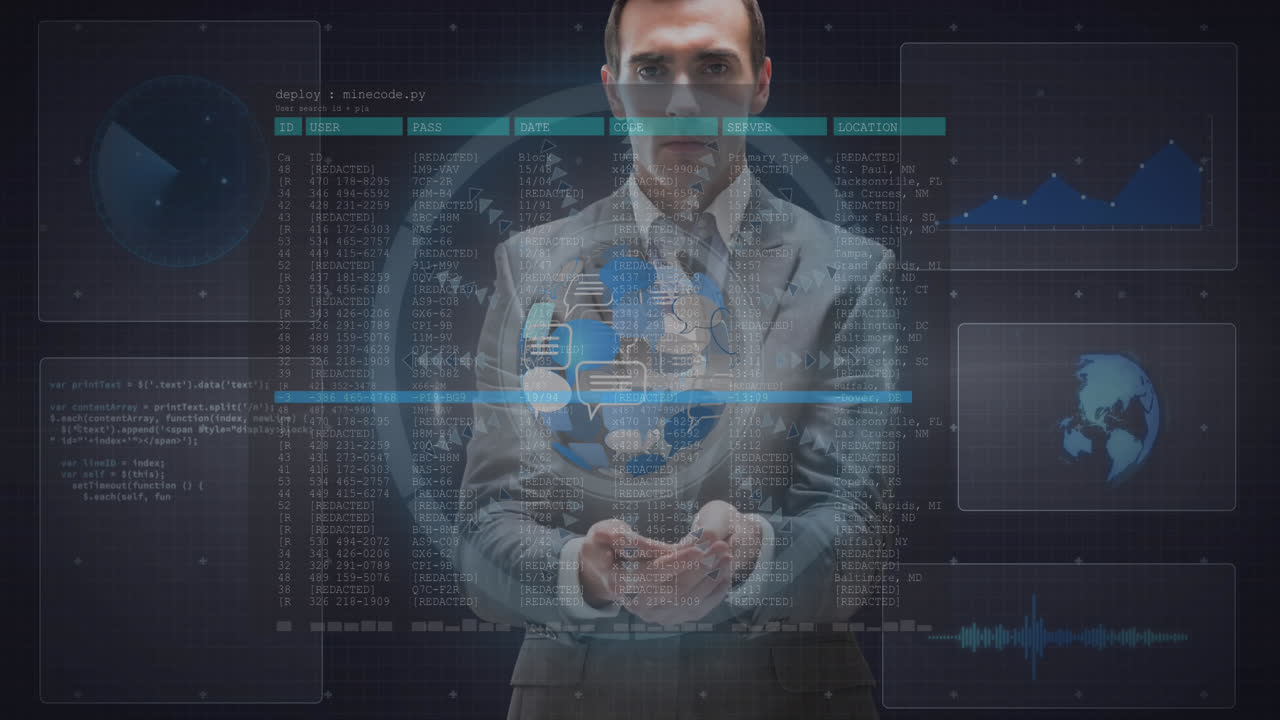 animación del procesamiento de datos en pantallas, giro del globo y escaneo del alcance sobre el hombre de negocios