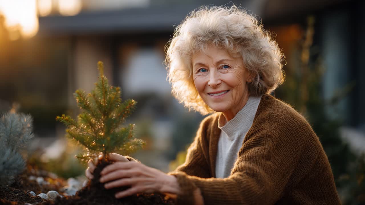 A Joyful Moment of Gardening: An Elderly Woman Nurtures a Small Tree in Her Hands, Radiating Happiness and Connection with Nature During Sunset