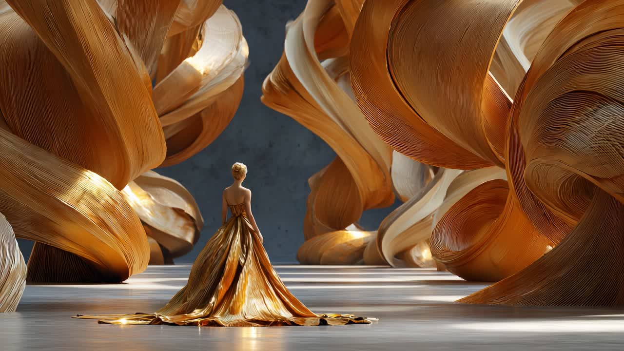Woman in Golden Dress Amidst Abstract Gold Art