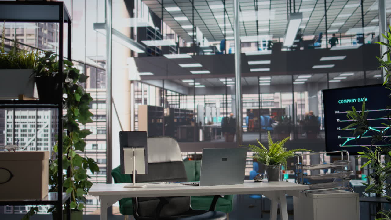 Empty business interior, executive office with stationery, modern desk setup