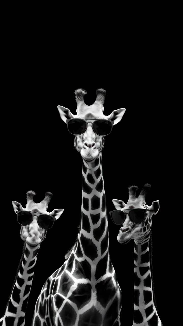 Three giraffes wearing sunglasses against a black background, captured from a low angle