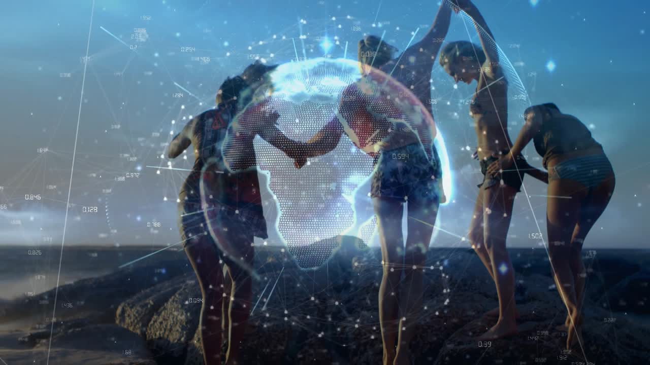 Ženy přesouvají váhu na skalnaté římse u oceánu a aktivují technologický hologram rotující kolem kruhu.