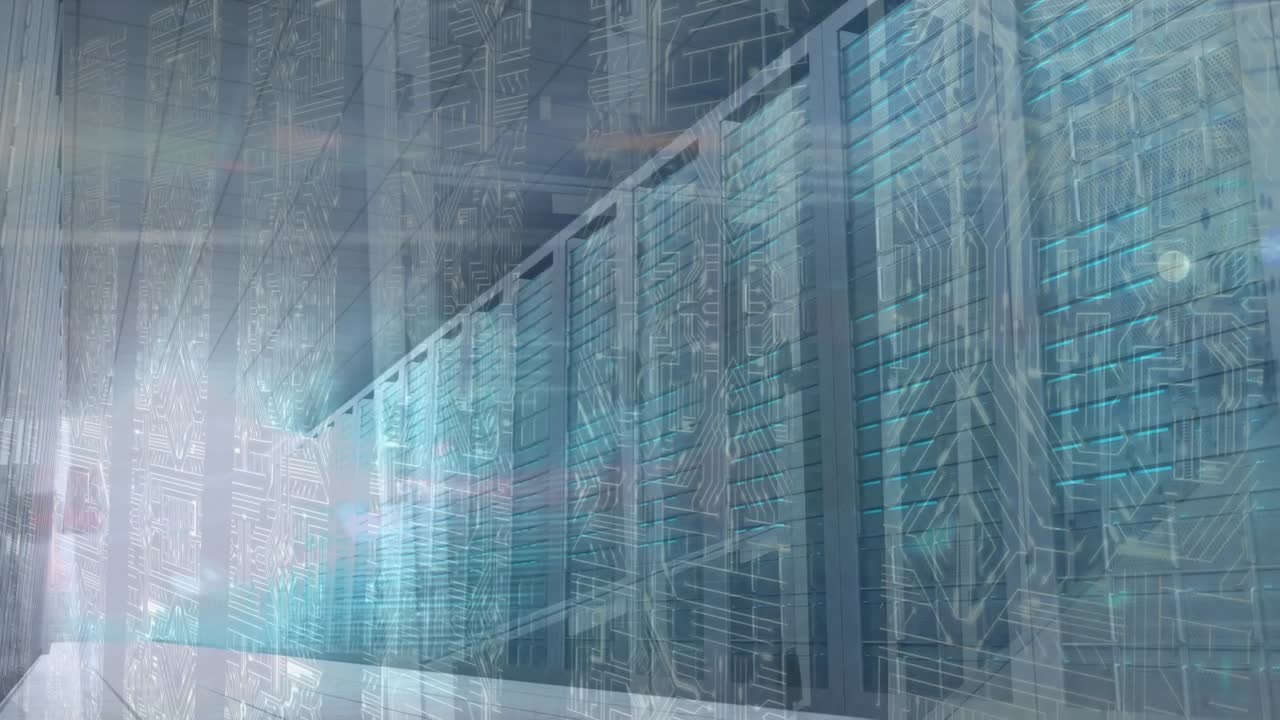 Animation of binary coding over human hand scanning and microprocessor connections over server room