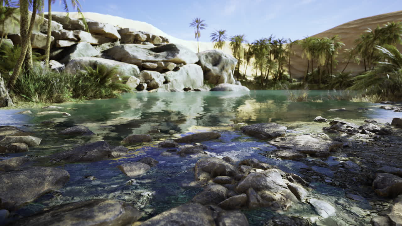 Tranquil oasis with clear water surrounded by rocks and palm trees in desert