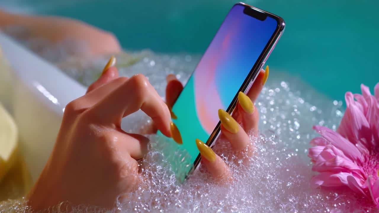 Luxurious Spa Relaxation: A Beautiful Hand with Bright Yellow Nails Enjoying a Smartphone in a Bubbling Bathtub Surrounded by Vibrant Flowers and Serene Waters