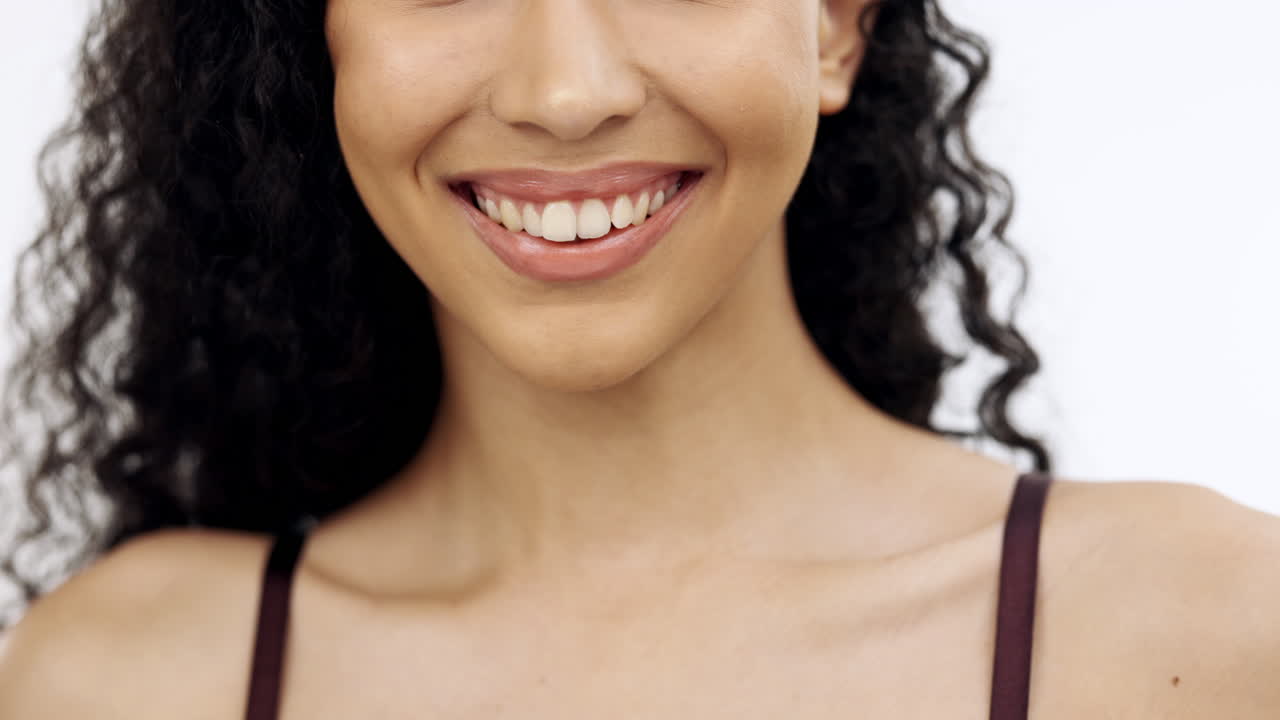 Woman, laughing or teeth on isolated white