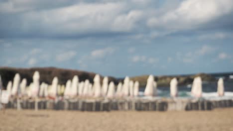 out of focus, beach with umbrellas and sun beds