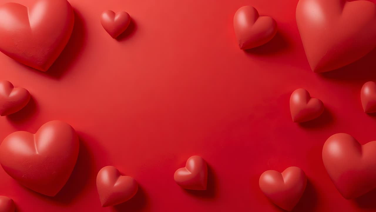 Animazione che inizia con cuori 3D lucidi e fluttuanti che rivelano uno spazio rosso centrale per messaggi, studio