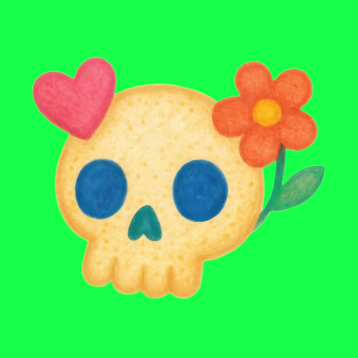 Animated Cartoon Skull Cookie with Heart and Flower on Green Screen