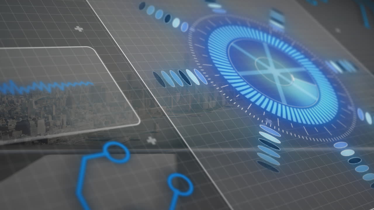 Animation of blue circular patterns and data visualization on futuristic interface