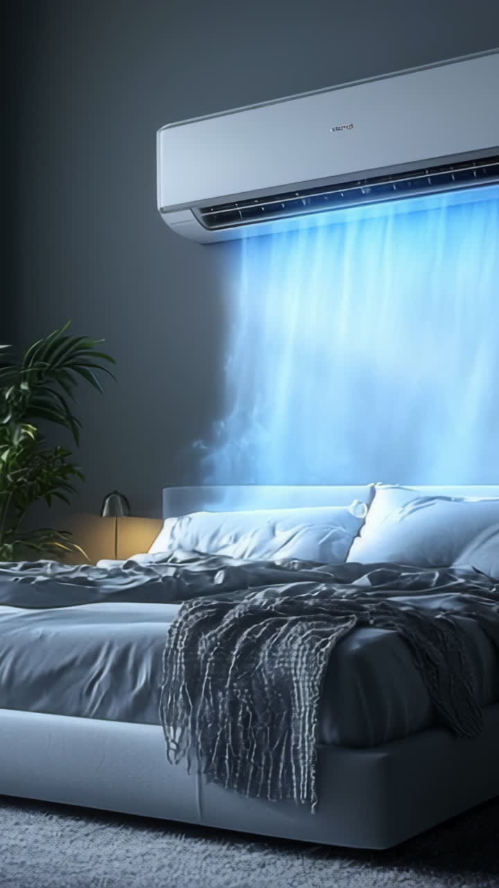 Contemporary bedroom with A/C. A contemporary bedroom featuring a stylish bed and an air conditioning unit that cools the space during daytime.