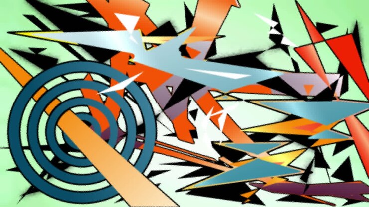 Animation of dynamic colourful graphic pattern building over red cloud on pale green background
