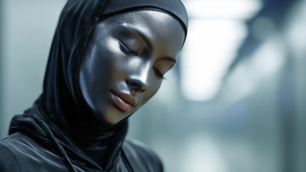 Futuristisk metalfigur i elegant påklædning fanget i to forskellige øjeblikke, der viser følelser gennem reflekterende overflade og subtile udtryk i en minimalistisk ramme