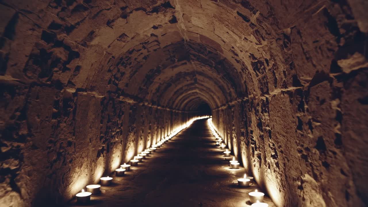 Túnel de pedra antigo com luz de velas