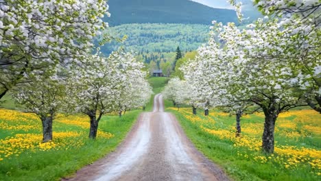 a dirt road in the middle of a field of flowers