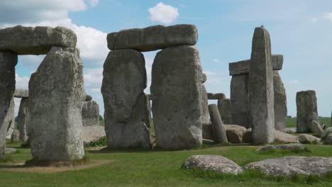 close up view to the stonehenge a prehistoric megalithic structure on salisbury plain in wiltshire england. steady camera, no people, blue sky with some clouds on the background. 4k