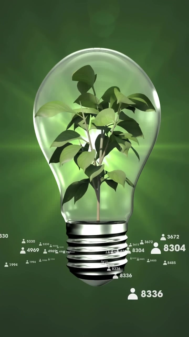 Vertical video: Bulb with plant sprouting at base, green glow, counters rising, showing tech growth